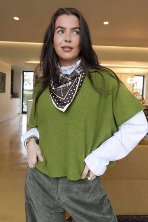 Plaid & Polka Border Triangle Silk Neckerchief Deep Khaki